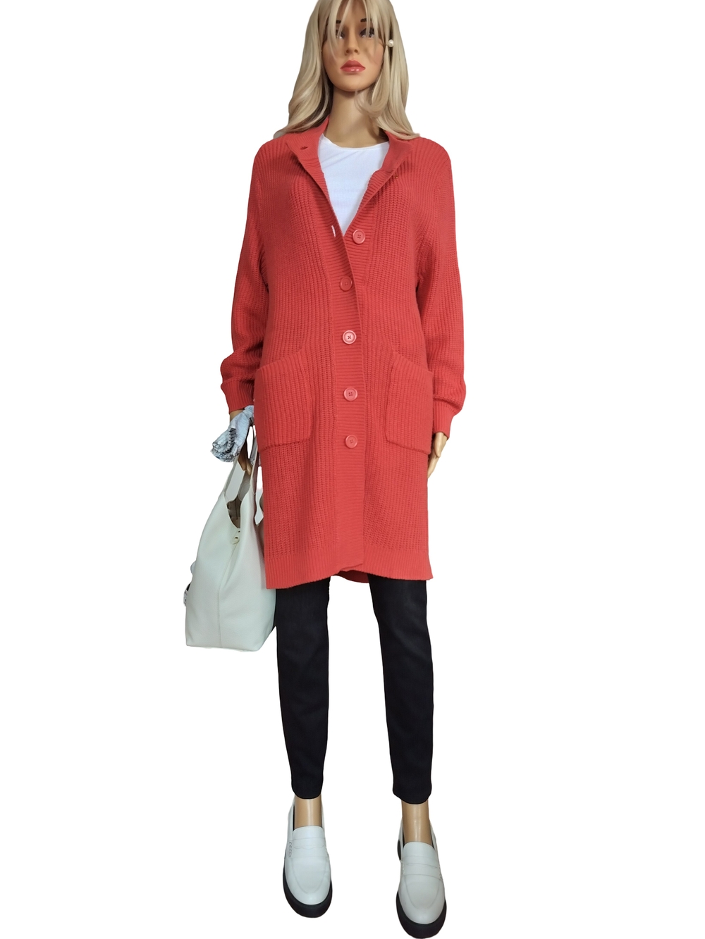 Women's Coral Longline Button Cardigan Coat Size M - Picture 3 of 8